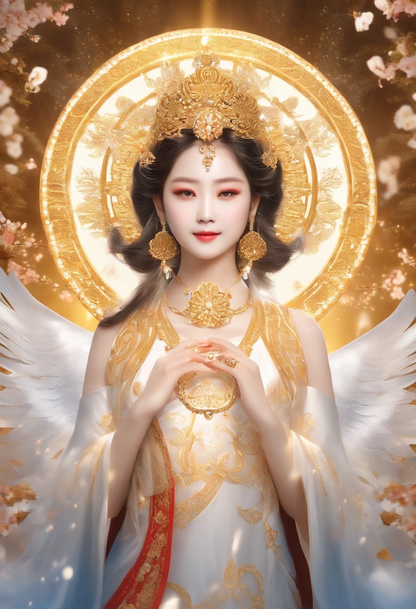 Photorealsitic、(hyper realisitic:1.2)、Beautiful fece、masterpiece、top-quality、extra detailed face、Perfect litthing、nice hand、perfect hand、The sacred and shining sun goddess of heavenly splendor、(Beautiful Japan Woman:1.2)、(hyper pretty face:1.5)、(serene expressions)、(Miko costume)、(ethereal glow:1.1)、(Peace and comfort)、(Transcendental beauty)、(God's Grace)、(a symbol of purity)、(Golden halo)、(Uplifting atmosphere)、(Heavenly Realm)、(Spiritual enlightenment)、(Calm and protective)、(Lighting light:1.2)、(Seraphic figures)、(Harmony and tranquility)、(Angel robes)、(Timeless celestial bodies)、(captivating aura)、(Healing and Guidance)、(goddess of Japan)、(15yo student:1.2)、