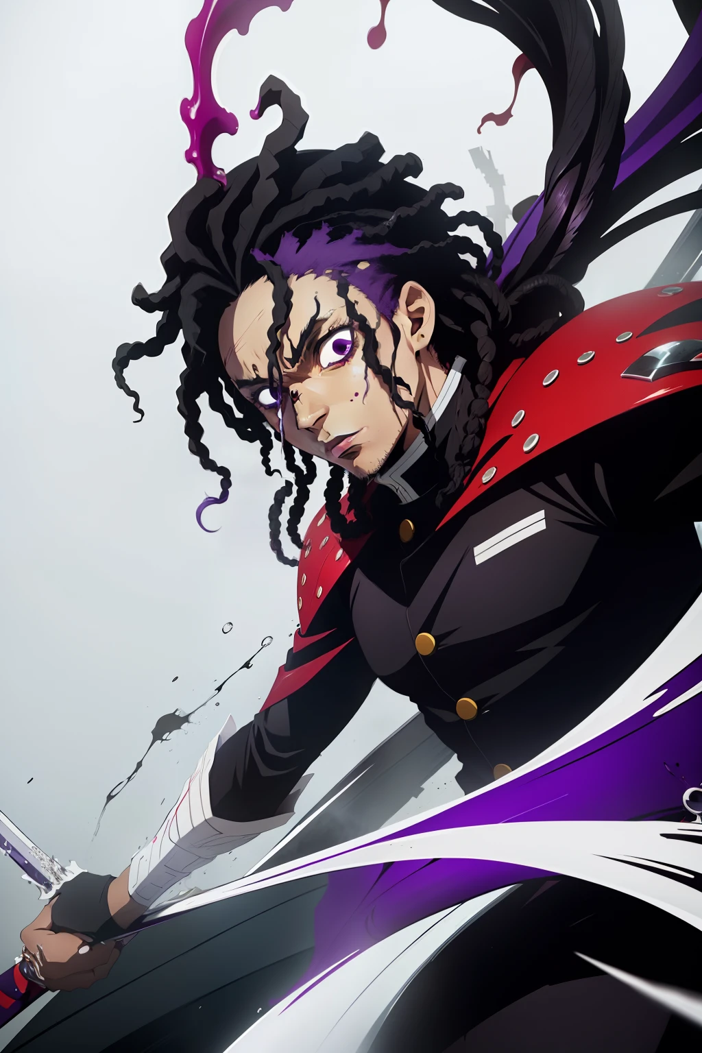 jovem negro, Uniform demon slayer, Bleach poses, sorrir, dreads, black and purple hair, show, Man, drip, espada vermelha, beautiful, fighting
