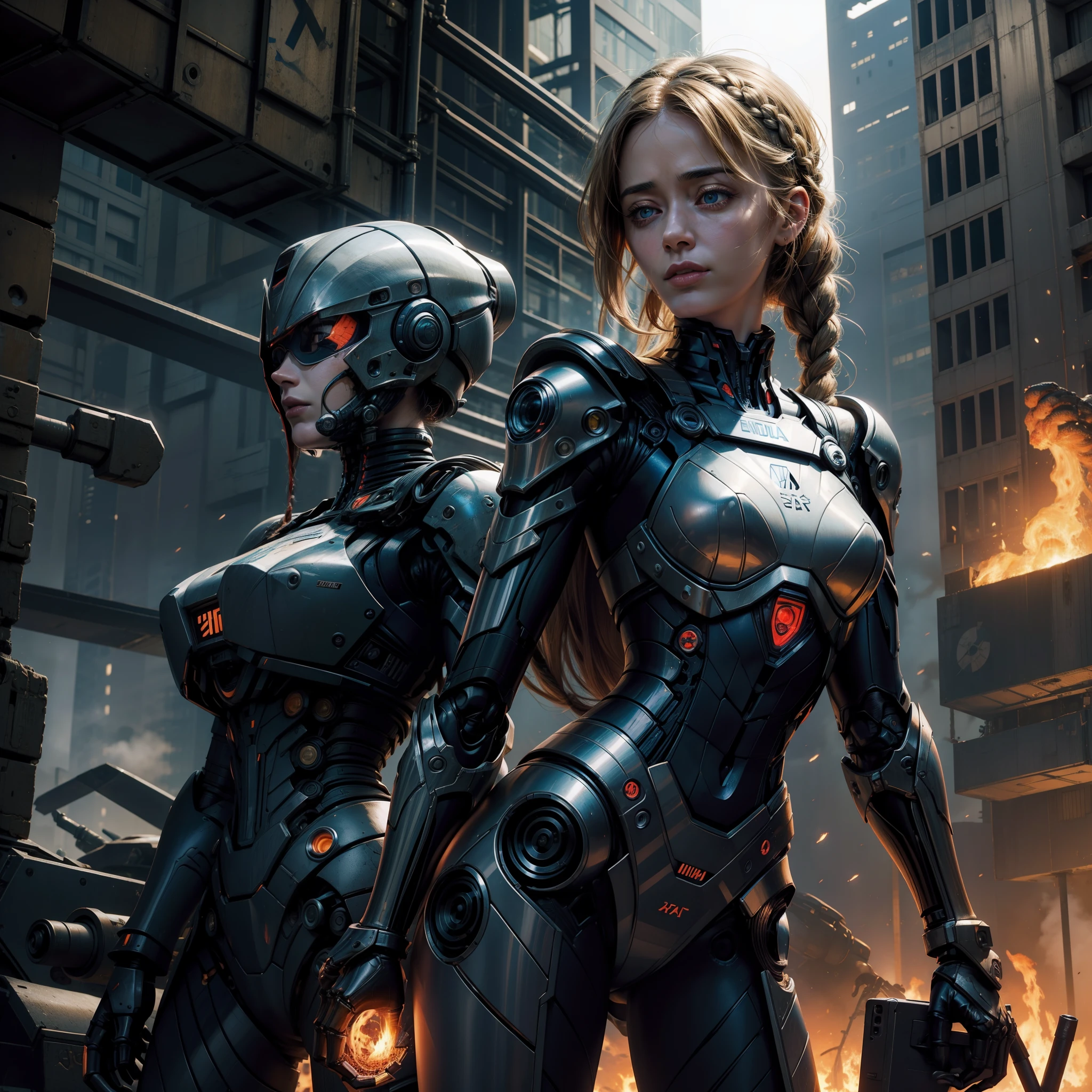 Emily Blunt (Dutch braided hair) com armadura Evangelion em uma cidade pose apocaliptica, Destroyed robot behind her, dinamic poses, olhar serio, Combates intensos, foto de corpo inteiro, Cyberpunk, mega tokyo, Fires and smoke, Nokia camera, modelshoot, corpo atletico, dia