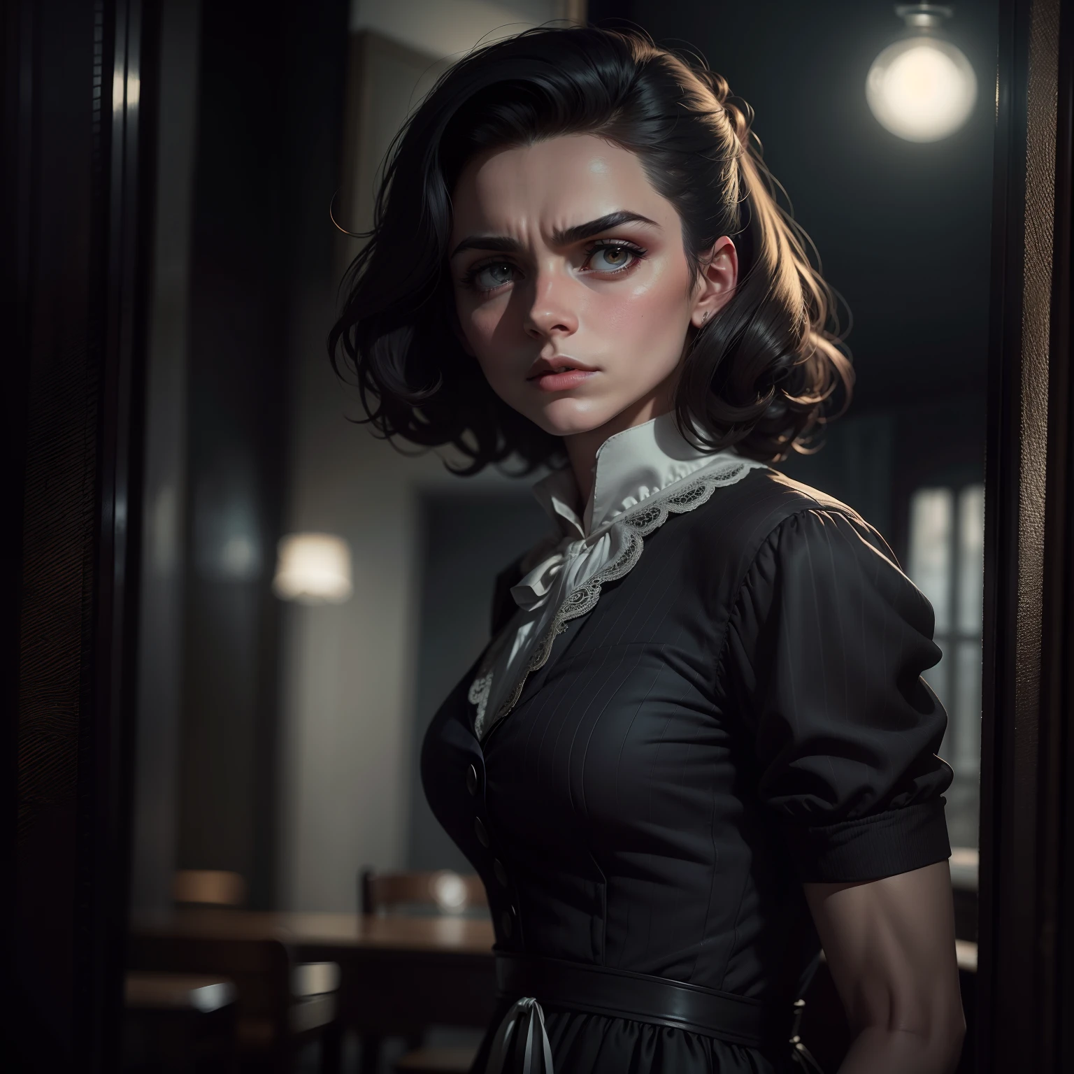 Uma imagem de um detetive particular jovem dos anos 40 vestido com um traje de detetive sensual e cativante, investigando um teatro escuro e misterioso. The scene evokes the atmosphere of a classic crime novel, with grumpy lighting and a hint of danger in the air. The detective is wearing a side hat with a feather and an elegant outfit from the 40s.