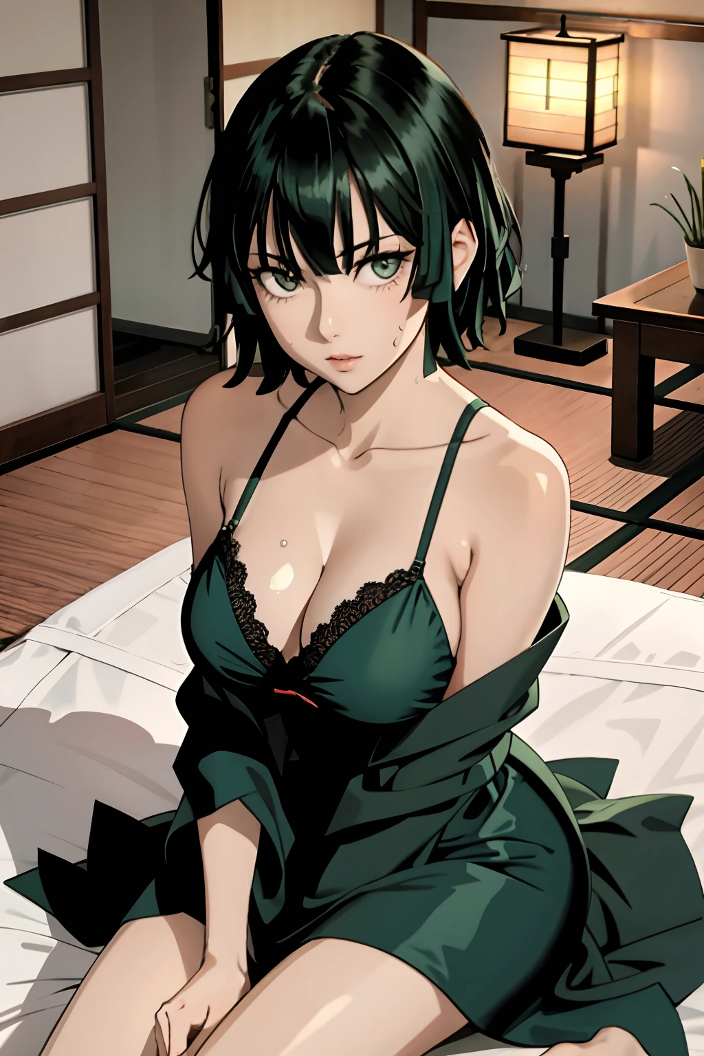 1 fubuki, kimono, kimono dress, nature, japanese environment, breast, opened armpit, sitting, japanese bedroom, black hair, night light, moon light, using bra, sweating, in front of camera，escote，smil，Criado sexy，looks directly at camera，Pelo short，cuerpos perfectos ，green hair，ropa casual, ropa de calle。senos grandes, pose sexi,