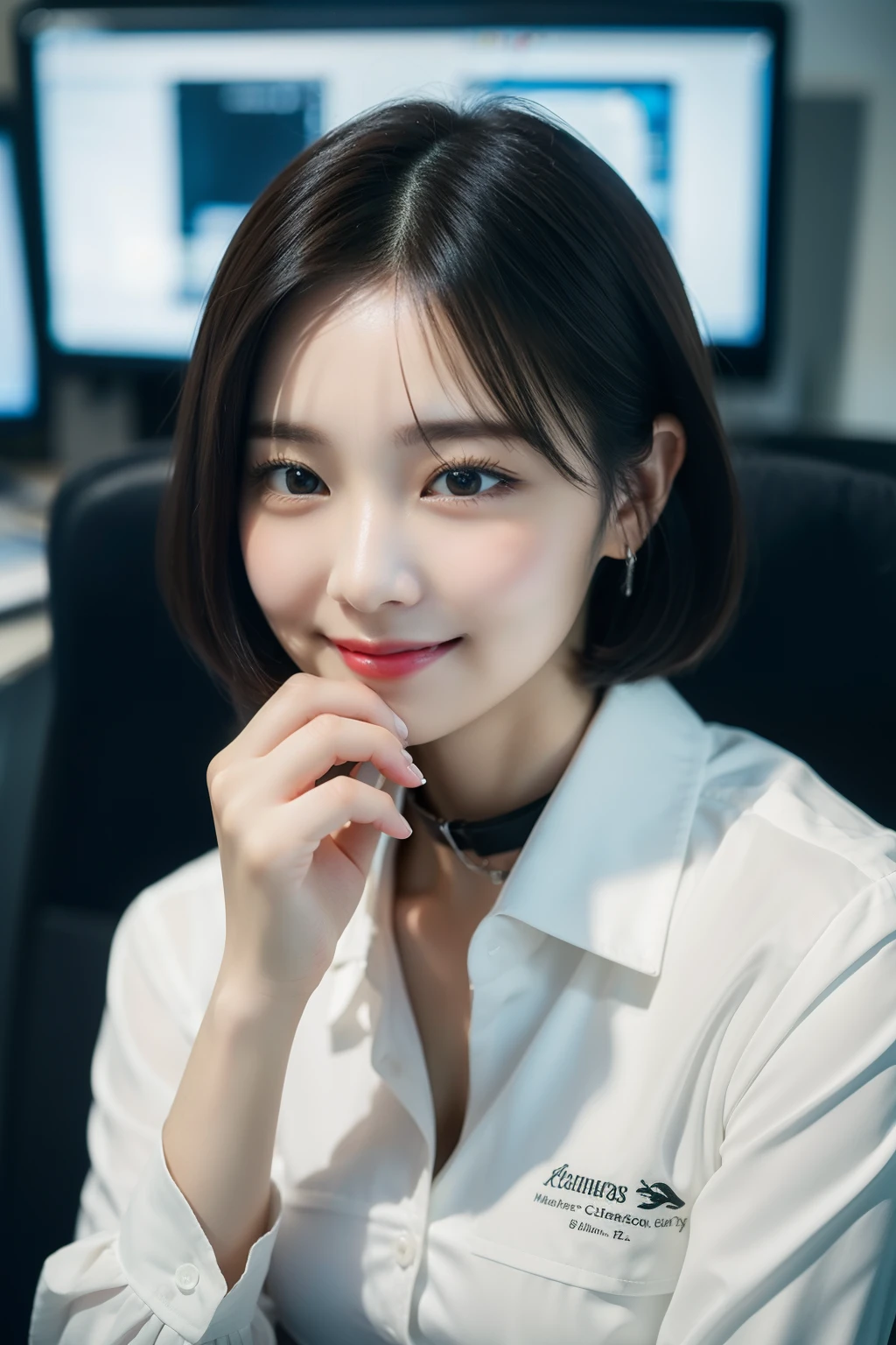 (8K, Best Quality, Masterpiece: 1.2), (Realistic, Photorealistic: 1.37), Super Detailed, 1 Girl, Cute, Solo, Beautiful Detailed Sky, Detailed Office, Night, Sitting, (Blushing Nasal), (Smile: 1.15), (Mouth Closed), Medium Breasts, Beautiful Detailed Eyes, (Shirt with Collar: 1.1), Night, Business Clothes, (Short Hair: 1.2), pureerosface_v1, computer, detail finger, beautiful detail face,