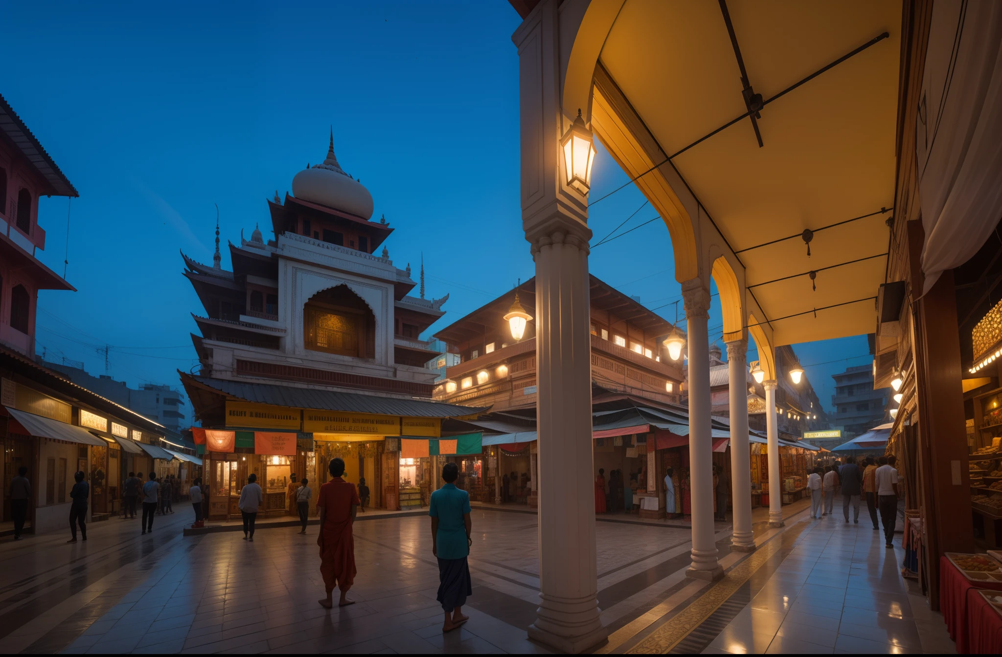 a photography of a city square in India from a white arcade at evening, a white hindu temple is on the other side of the square, intricate detail, indian market in the arcade, hyperrealistic