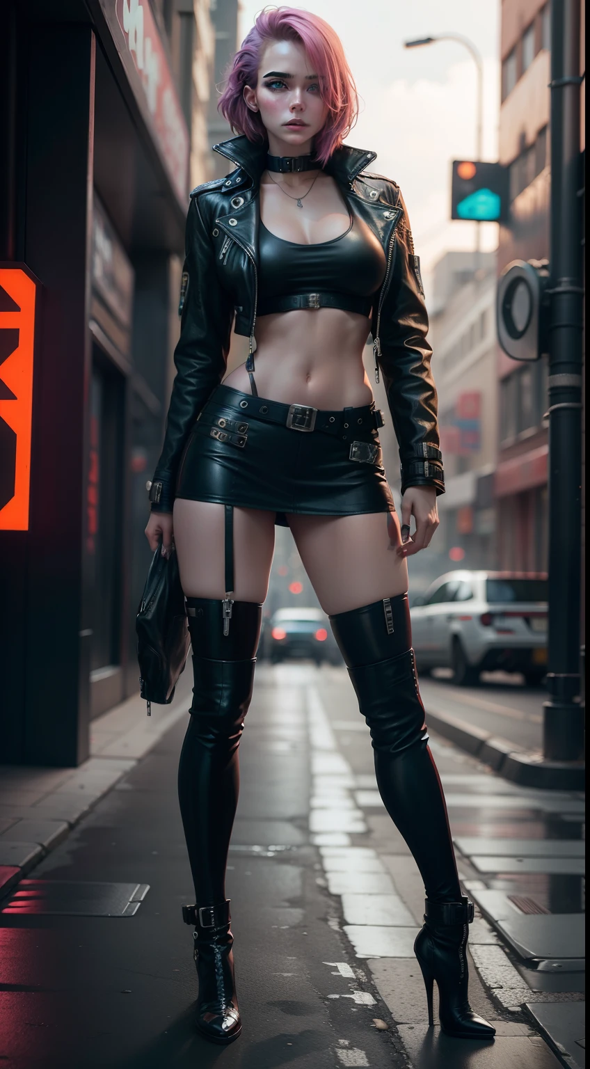 Hannah Hays looklike cyberpunk model, leather jacket, higheels