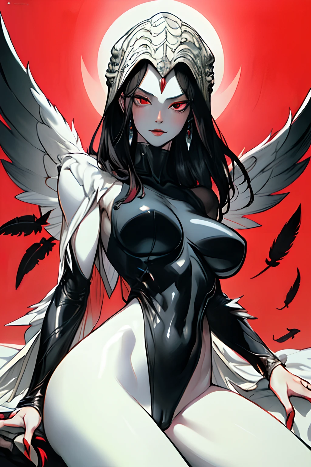(masterpiece, best quality), 1lady, solo, (white Scales, scaly body), black hair, red eyes, (art by Adam Hughes, zdzislaw beksinski, dariusz zawadzki, giger, frank cho), (big breasts:1), (naked:0.4), (cameltoe:1), (harpy, claws, feathers:1), mythical Greece, perfect limbs