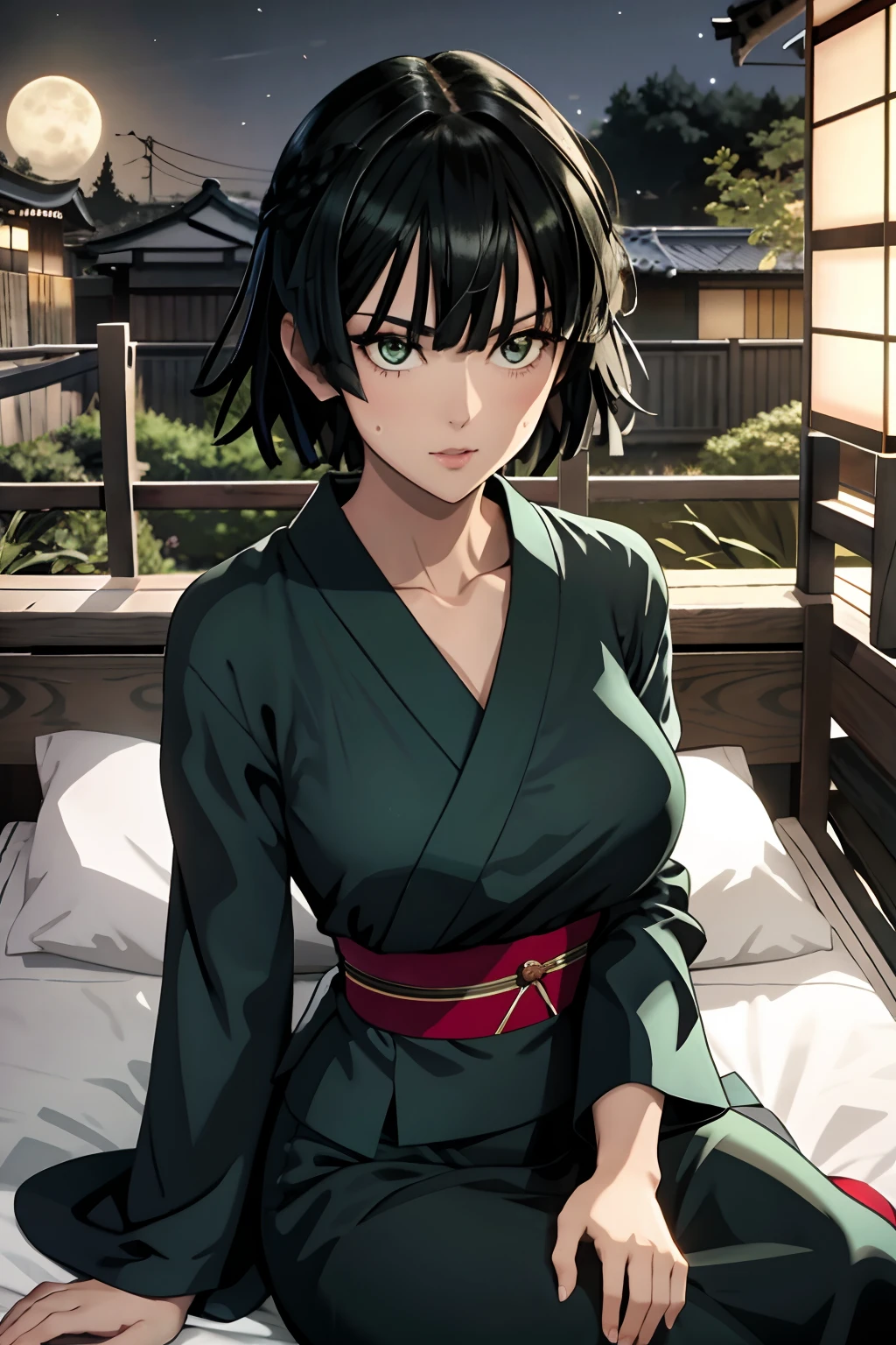 1 fubuki, kimono, kimono dress, nature, japanese environment, breast, opened armpit, sitting, japanese bedroom, black hair, night light, moon light, using bra, sweating, in front of camera，escote，smil，Criado sexy，looks directly at camera，Pelo short，cuerpos perfectos ，green hair，ropa casual, ropa de calle。senos grandes, pose sexi,