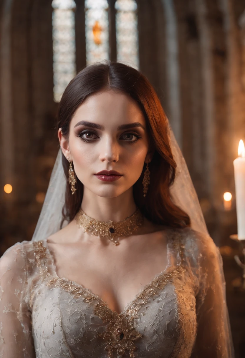 Beautiful woman with gothic net symbolic clothes, Burnette color hair, dark gothic makeup, (large eyes:1.2), ((wearing cartier earrings and necklaces jewelry)), (standing in candle lit old church), posing for photo, skin texture, ultra high res, camera Hasselblad X2D, lens 38mm f/11