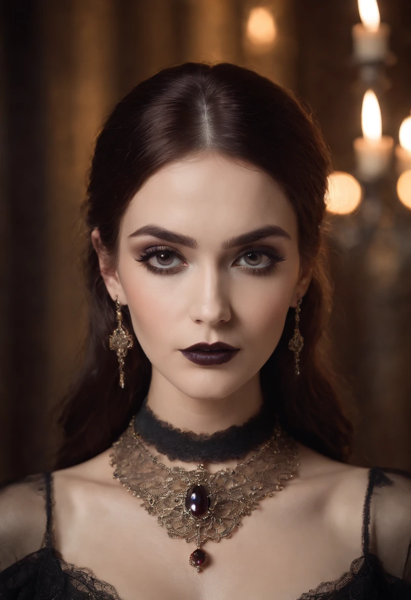 Beautiful woman with gothic net symbolic clothes, Burnette color hair, dark gothic makeup, (large eyes:1.2), ((wearing cartier earrings and necklaces jewelry)), (standing in candle lit old church), posing for photo, skin texture, ultra high res, camera Hasselblad X2D, lens 38mm f/11