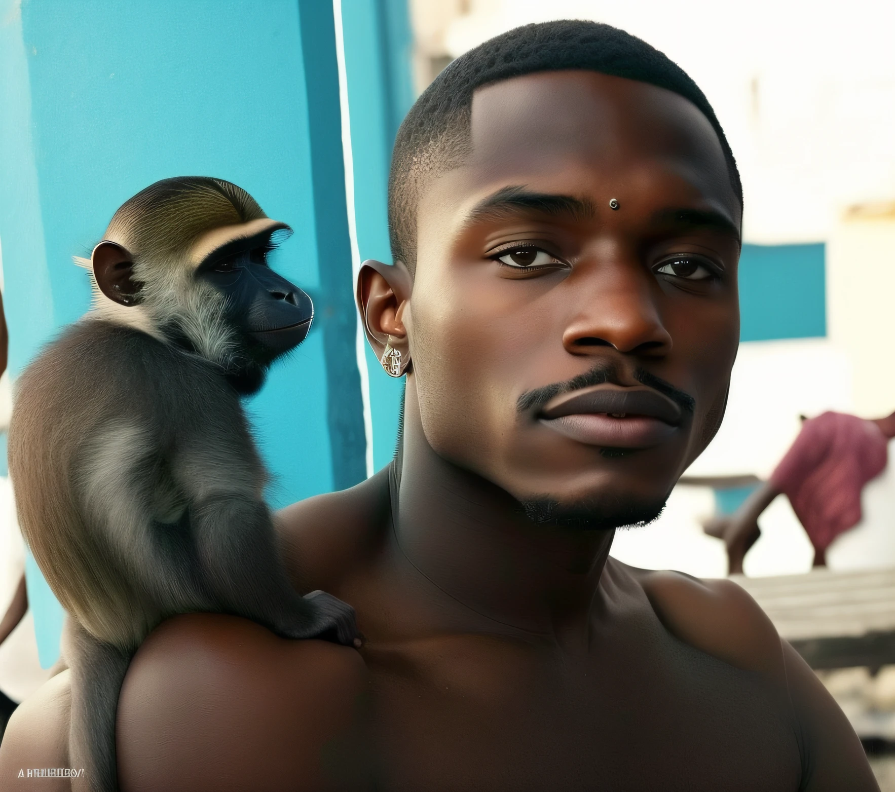 jovem negro de idade de 16 anos com um ((macaco prego)) de fralda infantil, no ombro,sem camisa, friendly guy, an amazing photo, African facial features, jovem do sexo masculino, uma foto, Excelente contraste, visual deslumbrante, Homem africano, Directed by: Robert Brackman, Eduardo Buba, arte em alta, bashful expression, Directed by: Robert Jacobsen, 3 4 5 3 1,hair style with a braid, cabelo de design complexo, cabelo reflexo alinhado branco preto desbotado, cabelo detalhado, designs de cabelo exclusivos, estilo detalhado, detailed and sharp, estilo hiper realista, em estilo de ultra realista, cabelos agitados, penteado futurista, sharp and detailed, afro futurista