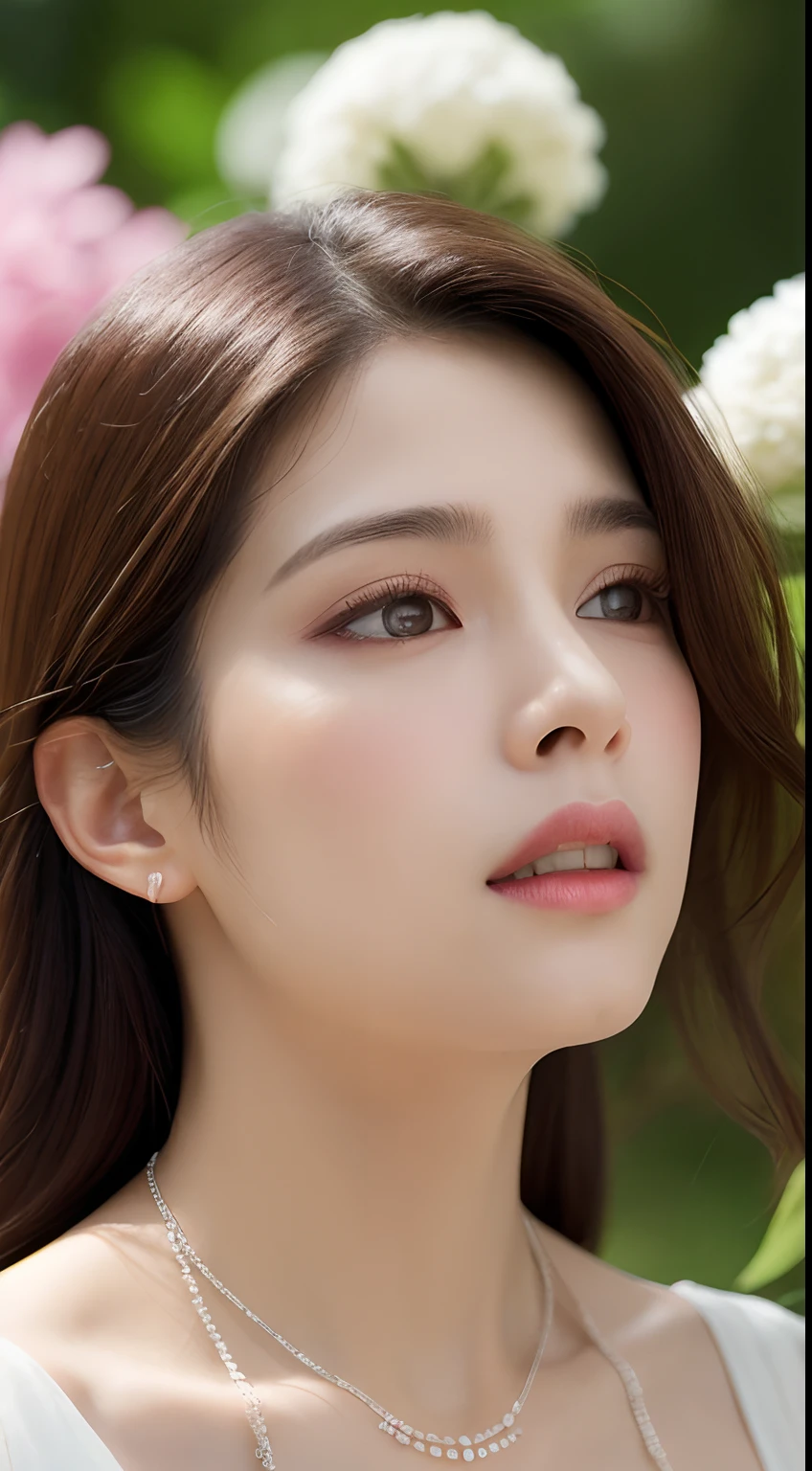 (best quality,4k,8k,highres,masterpiece:1.2),ultra-detailed,(realistic,photorealistic,photo-realistic:1.37),smooth hair,exquisite and perfect facial features,extremely beautiful large eyes,long eyelashes,silk-like hair falling over the shoulders,unhappy expression,overlaid shot of a silkworm and a sweet eye,unhappy, dynamic angle,ultimate image quality,unprecedented accuracy and perfection of the human body,a necklace,protruding bust,close-up of the anus,outdoor scene,background with flowers and plants,long shot