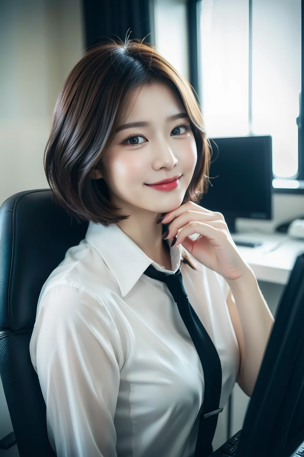 (8K, Best Quality, Masterpiece: 1.2), (Realistic, Photorealistic: 1.37), Super Detailed, 1 Girl, Cute, Solo, Beautiful Detailed Sky, Detailed Office, Night, Sitting, (Blushing Nasal), (Smile: 1.15), (Mouth Closed), Medium Breasts, Beautiful Detailed Eyes, (Shirt with Collar: 1.1), Night, Business Clothes, (Short Hair: 1.2), pureerosface_v1, computer, detail finger, beautiful detail face,