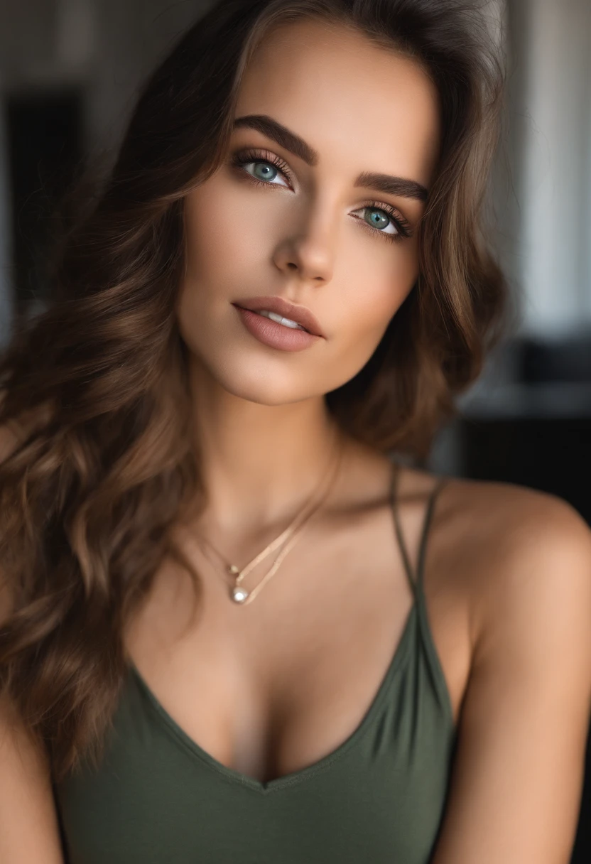 arafed woman with a necklace, sexy girl with green eyes, portrait sophie mudd, brown hair and large eyes, selfie of a young woman, bedroom eyes, violet myers, without makeup, natural makeup, looking directly at the camera, face with artgram, subtle makeup, stunning full body shot, piercing green eyes, white bra