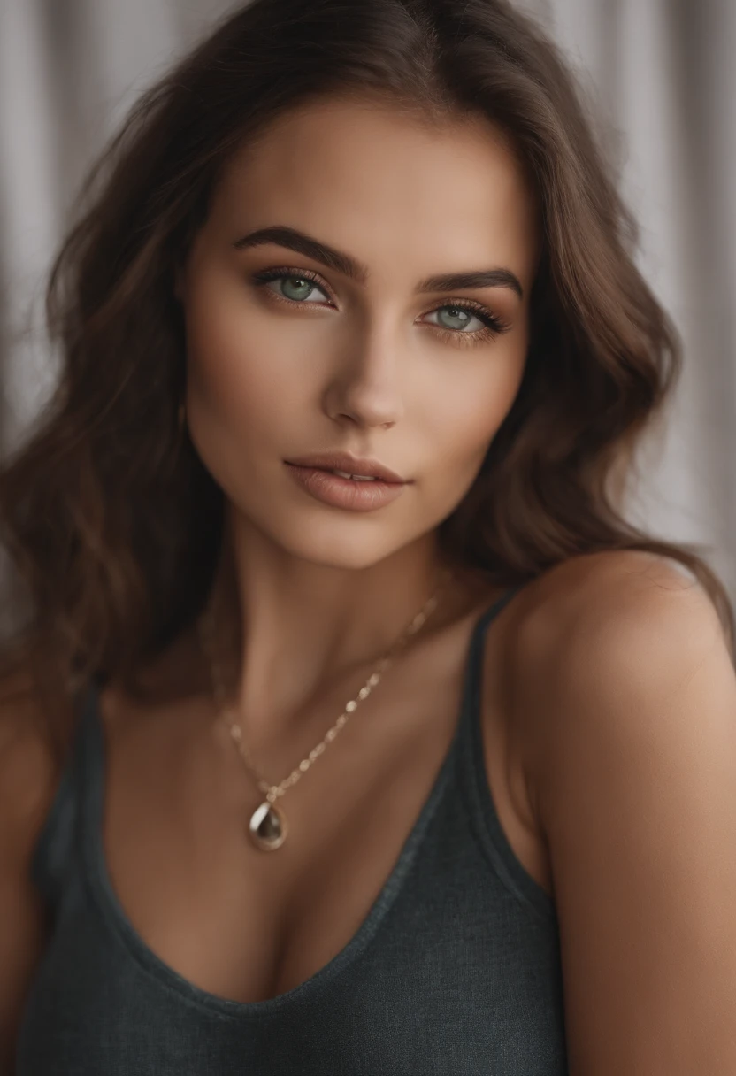 Arafed woman with a white tank top and necklace, fille sexy aux yeux verts, Portrait Sophie Mudd, cheveux bruns et grands yeux, selfie of a young woman, Yeux de chambre, Violet Myers, sans maquillage, maquillage naturel, looking straight at camera, Visage avec Artgram, Maquillage subtil, stunning closeupheadshot, piercing green eyes