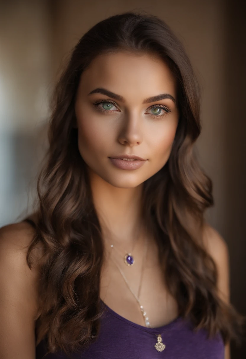 Arafed woman with a white tank top and necklace, fille sexy aux yeux verts, Portrait Sophie Mudd, cheveux bruns et grands yeux, selfie of a young woman, Yeux de chambre, Violet Myers, sans maquillage, maquillage naturel, looking straight at camera, Visage avec Artgram, Maquillage subtil, stunning closeupheadshot, piercing green eyes