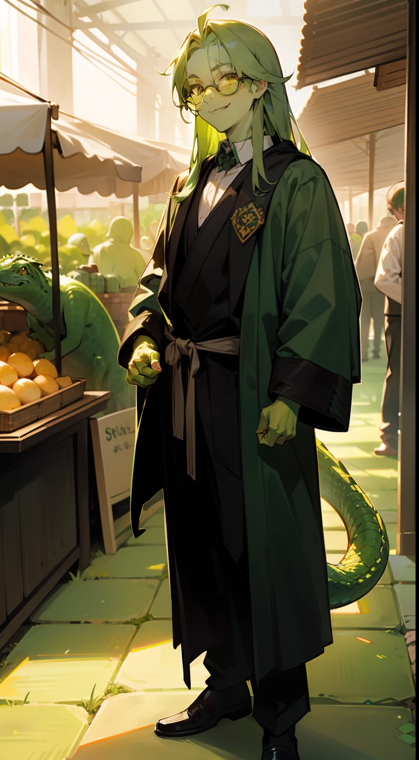 1man,solo,40s,(((green skin))),happy face,market outfit, green hair,long hair,yellow eyes,glasses,lizard tail,(((standing in front of a market)))