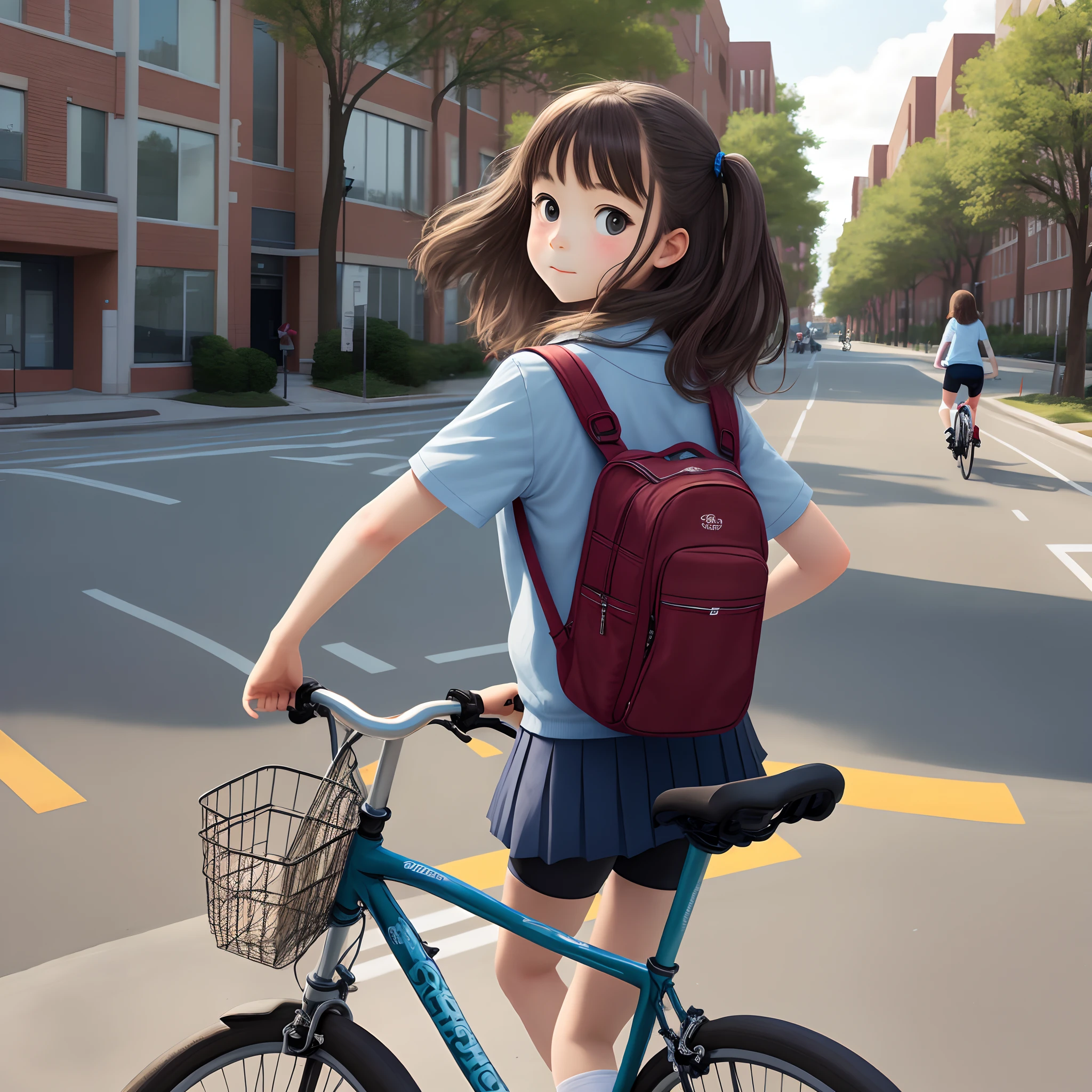 Elementary school girl turns around in the back seat of a bicycle,Campus streets,waving hands