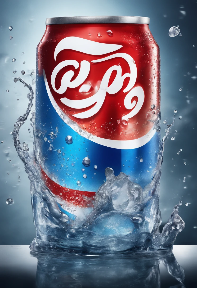 A pepsi can on a glassy table, cold and freshing, dripping of water, surrounded splash of water, add a glass of soda, some ice cubes in the glass, foggy, dark scene, cinematic light, photography, realistic, volumetric lighting, super details