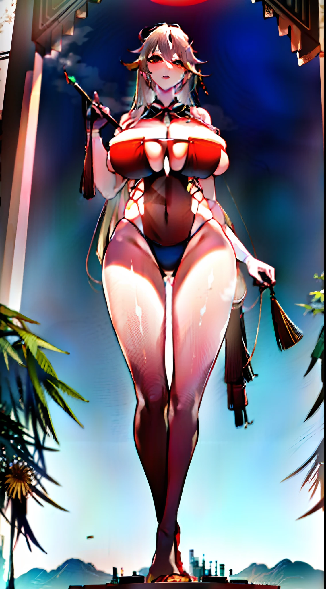 A giantess,fully body photo,Building seating,gigantic cleavage breasts,Exposing thighs,revealing breasts,(Long legs:1.2),Extremely tall girl,Beautiful looks,Delicatemakeup,Perfect lighting,8K,High quality,(GTS:1.5),Aerial view,With small ones,The crotch without panties is exposed,Emulsion sprays from the nipple