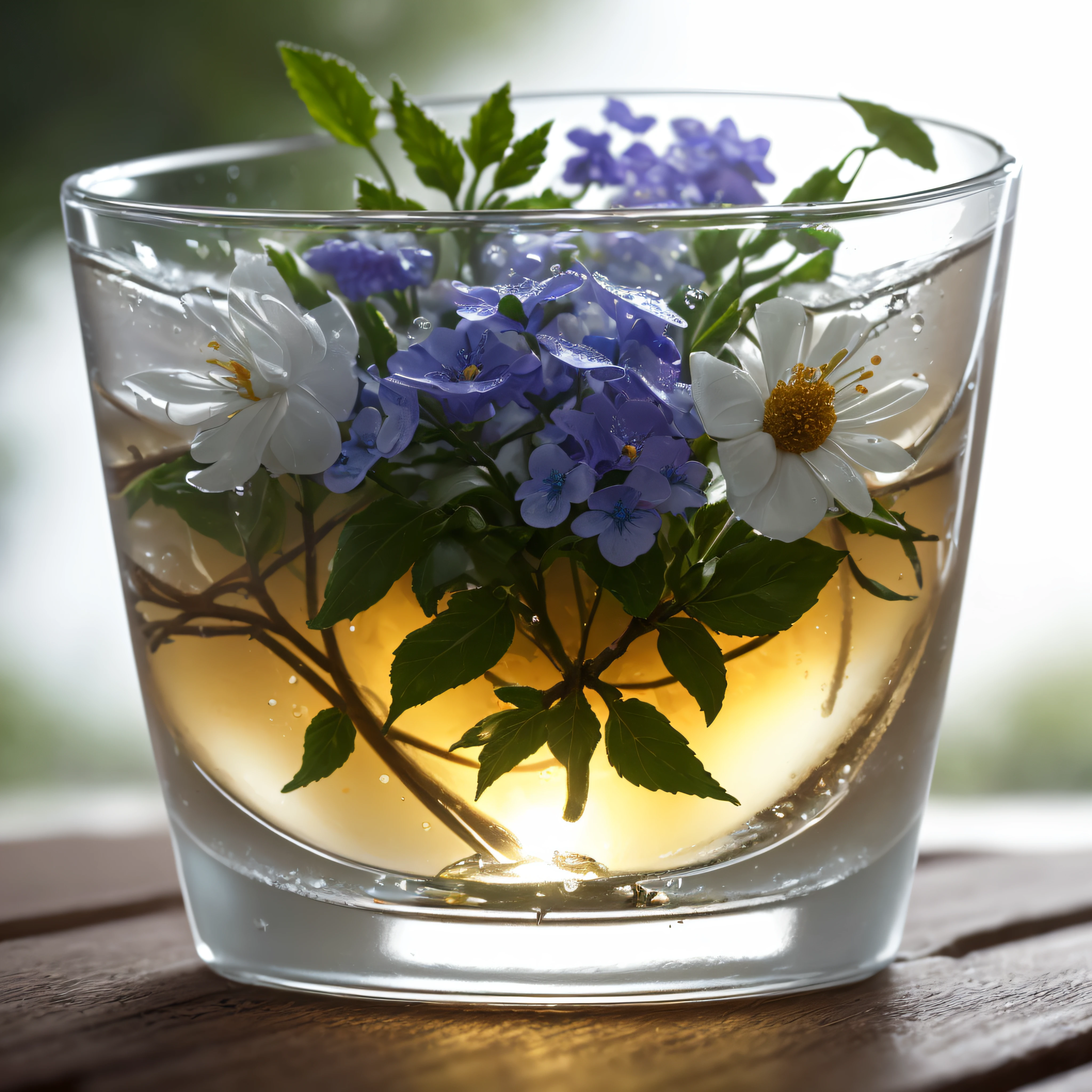 glass of kvass with ice, dripping water drops on glass, translucent liquid, ice cubes, wreath of wild flowers on picnic tablecloths, bright sun, midday outdoor lighting, open air, natural background, summer day, hot weather, high detail, very humid humidity, high brightness, wet watermarks, overdetail, super detail superdetailing, surrealism, soft light, studio lighting, diffuse soft light, shallow depth of field, sharp focus, bokeh effect, highly detailed glass reflection, ultra-thin (superfine, ultra-thin) (thin, fine, ultra-detailed), cinematic, surrealism, armature, best quality, ultra-high resolution (photorealistic: 1.4), high resolution, detail, raw photography, clear reproduction, stock camera, realistic texture, dramatic lighting, unreal engine, popular on artstation, macro