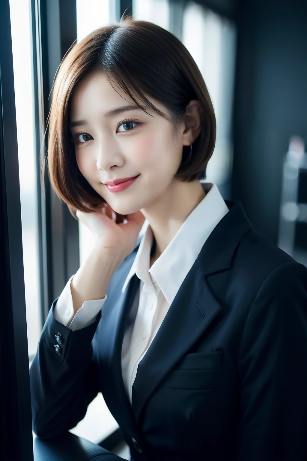 (8K, Best Quality, Masterpiece: 1.2), (Realistic, Photorealistic: 1.37), Super Detailed, 1 Girl, Cute, Solo, Beautiful Detailed Sky, Detailed Office, Night, Sitting, (Blushing Nasal), (Smile: 1.15), (Mouth Closed), Medium Breasts, Beautiful Detailed Eyes, (Shirt with Collar: 1.1), Night, Business Clothes, (Short Hair: 1.2), pureerosface_v1, computer, detail finger, beautiful detail face,