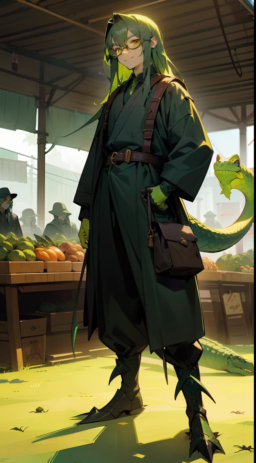 1man,solo,40s,(((green skin))),happy face,black market outfit, green hair,long hair,yellow eyes,glasses,lizard tail,lizard craws(((standing in front of a market)))