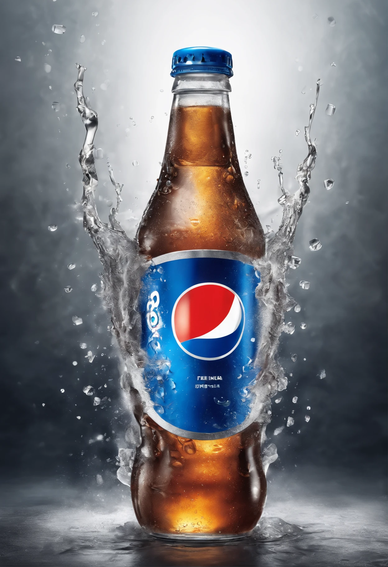A pepsi can on a glassy table, cold and freshing, dripping of water, surrounded splash of water, add a glass of soda, some ice cubes in the glass, foggy, dark scene, cinematic light, photography, realistic, volumetric lighting, super details