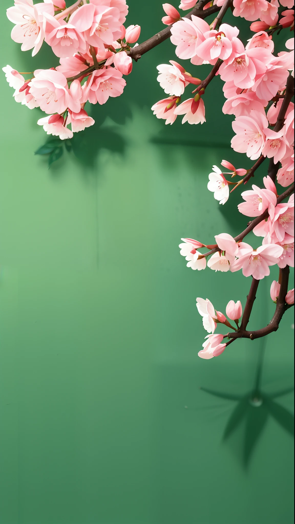 Colorful green background wall,There are several cherry blossoms on one side