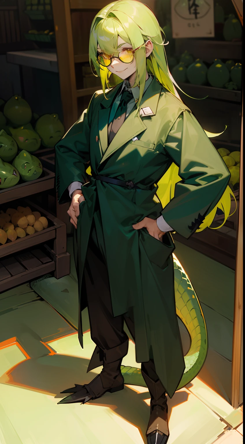 1man,solo,40s,(((green skin))),happy face,black market outfit, green hair,long hair,yellow eyes,glasses,lizard tail,lizard craws(((standing in front of a market)))