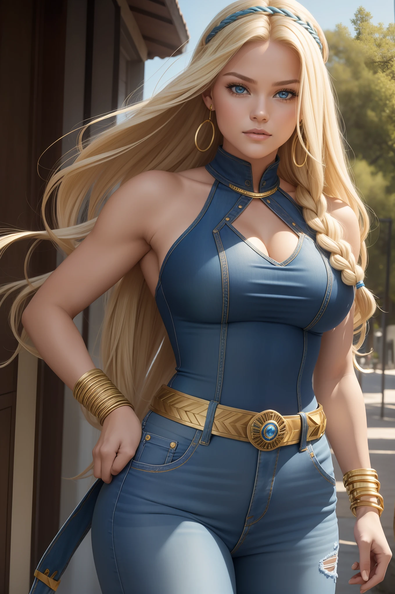 ( Corredor longo de pedras) Lindsey Vonn, as a blonde superheroine in a blue denim swimsuit with gold accents, blue denim clamps on both arms, gold bracelets on both arms, pernas nuas, Blue jean boots on the knee with golden laces, Beautiful face looking at the camera, olhos verdes, long braided blonde hair, tiara azul na testa, Green belt with eagle buckle, athletic curvy body, musculatura definida, perspectiva de corpo inteiro, Vista lateral do corpo, Imagem 32K altamente detalhada