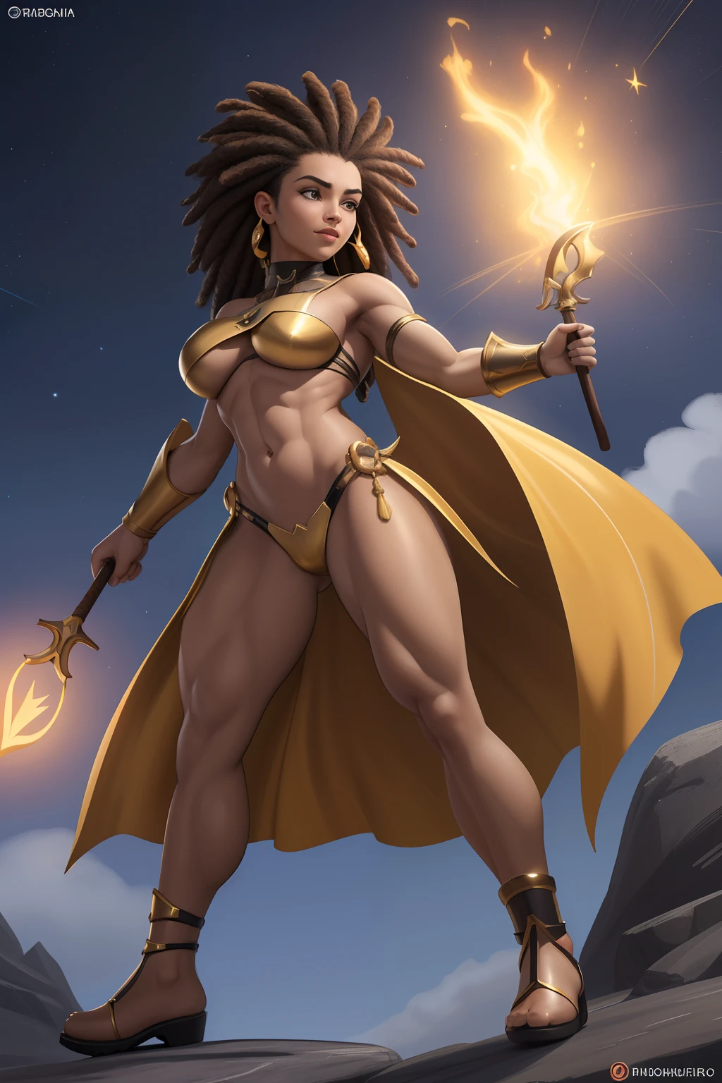 Uma mulher Moreno, de cabelo afro cabelo caindo para frente, Rasta type but braided, holding a spear in, Shape Dana spearhead informs of a , e um escudo em forma de ,, com belos seios corpo perfeito com , a wide thigh is beautiful a woman, com seios lindos corpo perfeito, uma coxa larga, is beautiful a destination with ,vario expression sexual pose, Erotic super-heroine, vestindo um ultraje de bandeira de Cabo Verde , The flag of Cape Verde, Cape Atlantic, is shown in this image, hd illustration, imagem , foto em alta, bandeira, Bandeira alta qualidade, High quality HD, ((Estilo Art Vista de Corpo Inteiro, plano completo, vista frontal, Vista lateral, vista traseira, de personagem, Multiple views and poses, various points of view, um personagem, corpo inteiro, personagem com menos, estilo de roupa, no mesmo Estilo de cabelo, less Type of footwear, forte )):: ((whole body view, plano completo, vista frontal, vista traseira, design de personagem, Multiple views and poses, various points of view, de um personagem, corpo inteiro,, personagem com menos, estilo de roupa, no mesmo Estilo de cabelo, less Type of footwear)): Superheroíne, vestindo ultraje, a partir bandeira de Cabo Verde, with a star in the middle and 10 islands on the superhero cover, erotic cosmic fallen angel, olhos claros brilhantes, Biomechanicals, estranho, assustador, pesadelo, cores muito brilhantes, light particles, com luz brilhante, Mshiff, Arte do papel de parede, UHD Summoner Wallpaper Barefoot Female Levitating with Hair , robes and arms of cloak raised on a broken earth, luz de lava brilhante de baixo do campo de asteroides (rochas irregulares, pedregulhos e detritos disparando para o ar:1.3) (tempestade de detritos de poeira ventosa:1.1) Volumetric mist mist ray tracing z pass bright light from below, (obra-prima) (melhor qualidade) (detalhado) (8k) (cinematic lighthing) (foco nítido) (intrincado)