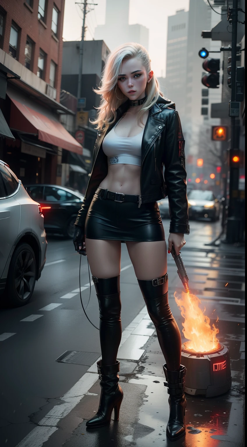 Scarlett Johansonn asThe guitarist of a rock band, slim, long legs, short leather skirt, leather jacket, stands in a careless pose,smoked cigarette, dingy dirty yard, garbage and junk along the walls. Award photo.
