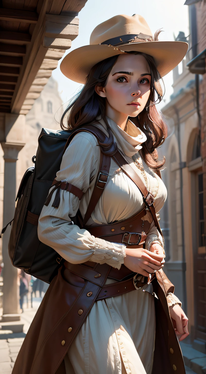 I want you to act as a photographer and design expert. Your task is to imagine and capture the essence of a 30-year-old beautiful girl, dressed in the swashbuckling garb of an early 20th century adventurer, fearlessly traversing mysterious city backstreets with a backpack. Use your artistic skills to bring out the character's confidence, elegance and adventurous spirit. You can experiment with lighting, composition, props and various design elements to create a visually stunning representation. Share your ideas on how you would approach a photo shoot and what design elements you would incorporate to capture the essence of this unique scene. HD resolution