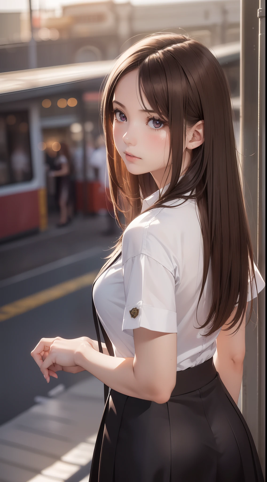 (1girl:1.3), (photorealistic:1.4), (masterpiece, top quality, best quality, official art), extreme detailed, highest detailed, (ultra-detailed), ((an extremely delicate and beautiful)), cinematic light, contemporary,
silky long hair, (brown hair),
she standing at the station, in evening,
shirt, long skirt,
upper body, from above,
shy, blush, (looking back:1.4)