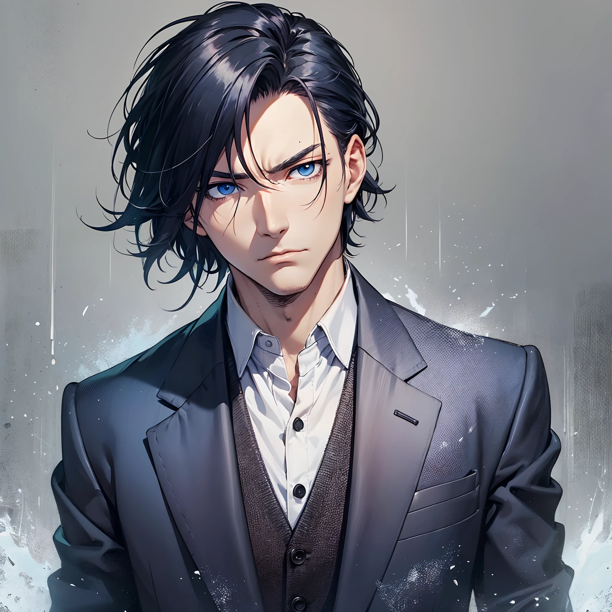 character Adult, black hair, black suit, dark blue overcoat, blue eyes, male, thin and tall, droopy eyes, tired eyes, empty eyes, serious, variable, visual novel. --auto --s2