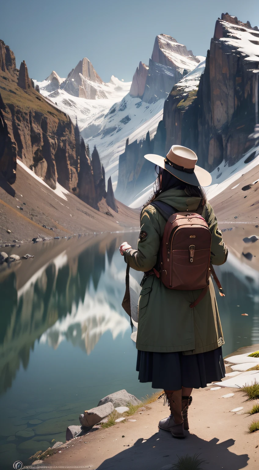 As a photographer and designer expert, I want you to envision and capture the essence of a 30-year-old man dressed in early 20th century garb, fearlessly traversing mountain trails with a backpack. Your task is to create a series of stunning photographs or design elements that showcase her adventurous spirit, the breathtaking landscapes she encounters, and the fusion of vintage fashion with the ruggedness of nature. Let your creativity shine as you bring to life this unique juxtaposition of time periods and evoke a sense of awe and wonder in the viewers. How would you compose the perfect shot to portray her strength and elegance amidst the untamed wilderness?