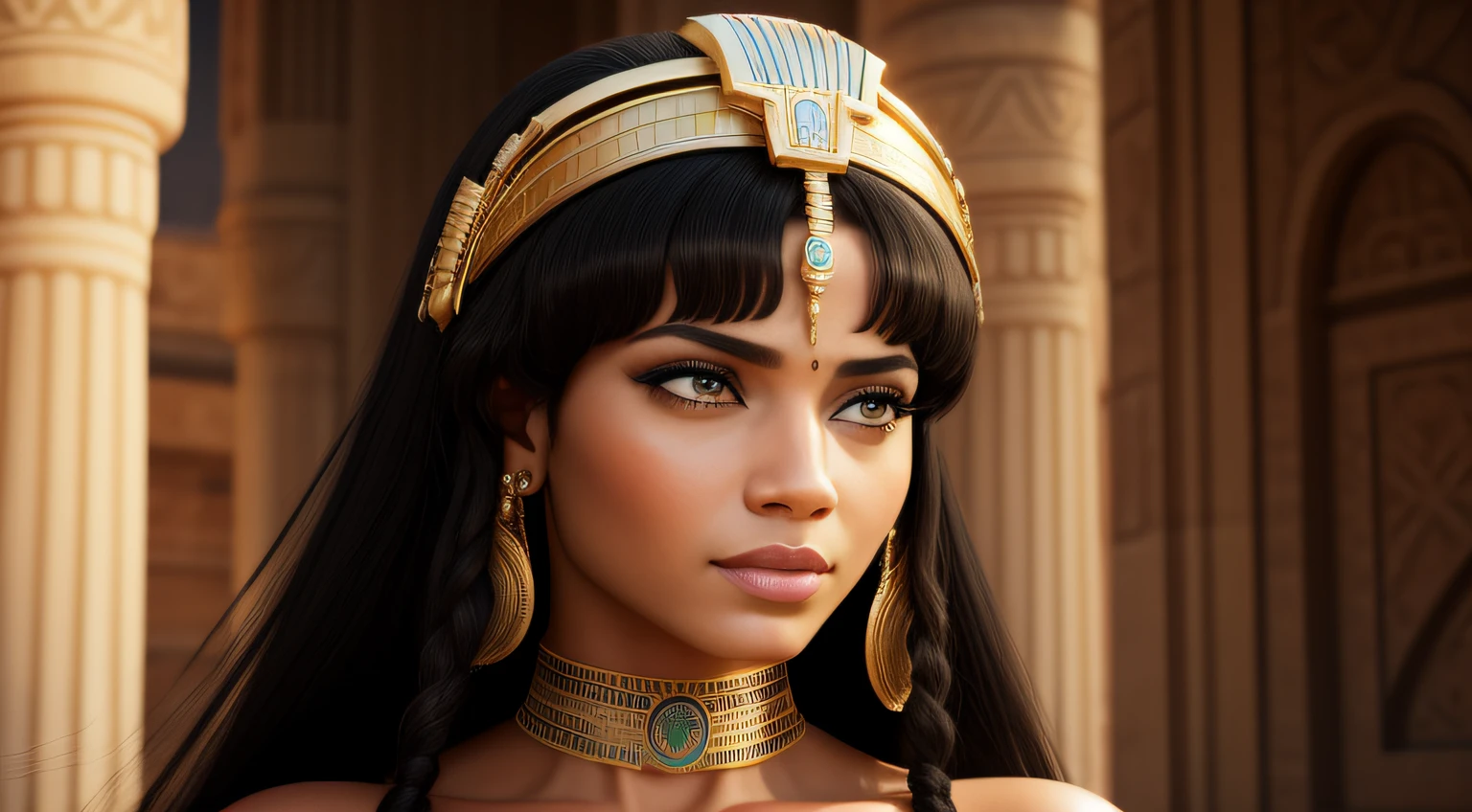 Cleopatra, Realistic human portrait, of adult woman, Egyptian, beautiful, short shoulder-length black hair, various Egyptian accessories stuck to hair, (eyes), Egyptian makeup, outlined black in the eyes, wearing khaki dress, jewelry, bracelets, sphinx, (pale skin), (full body), detailed, high detail, sharp focus, depth of field, sense of reality, high resolution, super realistic, in the background the pyramids of Egypt,  brown skin, white tunic