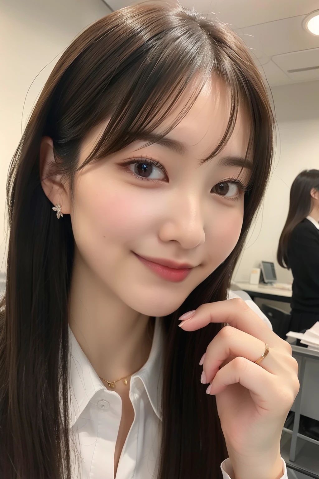 (8K、top-quality、​masterpiece:1.2)、(realisitic、Photorealsitic:1.37)、ultra-detailliert、1girl in、cute little、独奏、Beautiful detailed sky、Detailed Office、natta、sitting on、(blush of the nose)、(a smile:1.15)、(Mouth closed)、medium chest、beatiful detailed eyes、(shirt with collar:1.1)、natta、business clothes、(shorth hair:1.2)、pureerosface_v1、detail finger、Beautiful detail face、