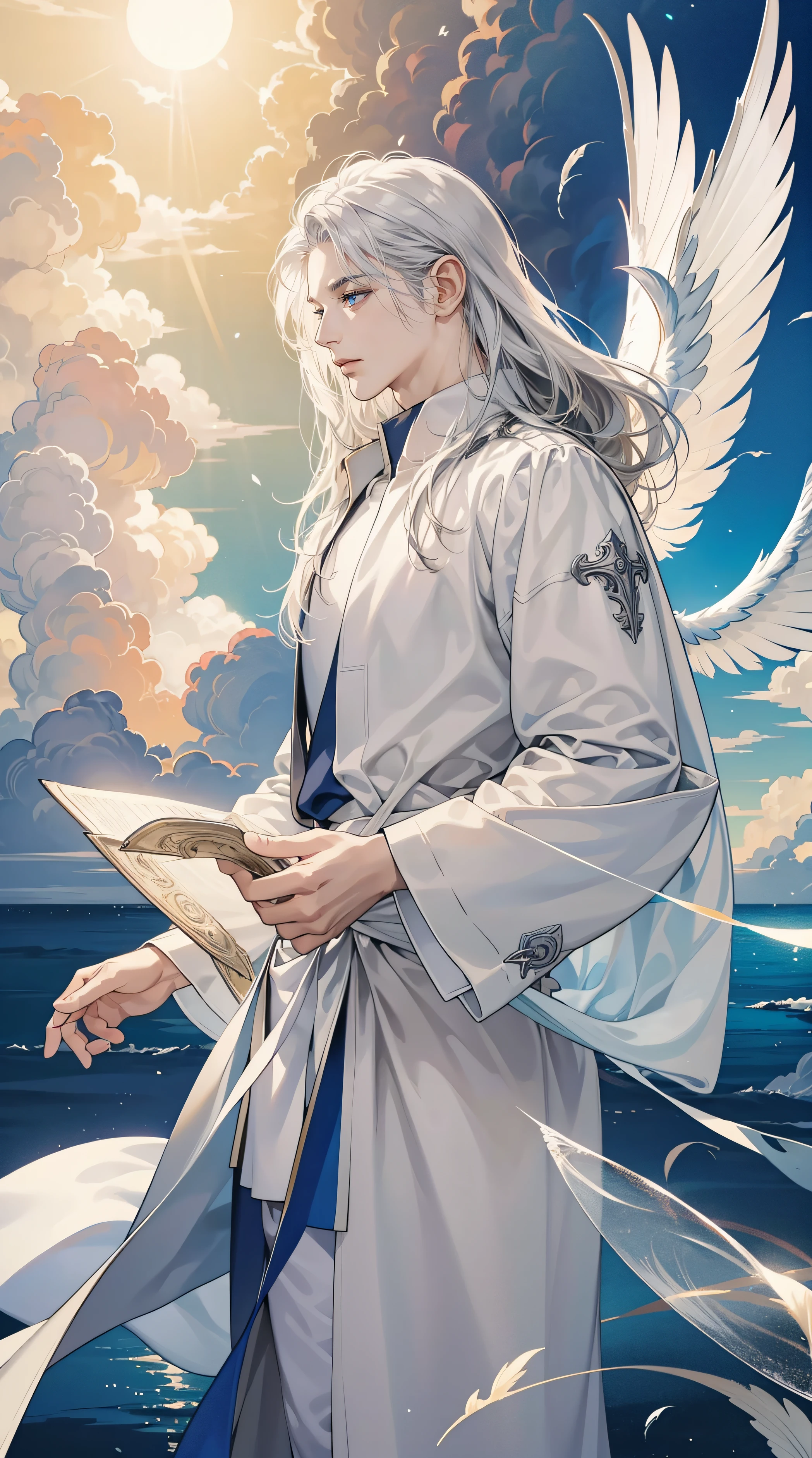 mature boy, brilliant Sun light, 4k, masterpiece, high quality, 8k, high quality details, soft dull lighting, floating particles, heaven background, paradise, white pale skin, wavy silver hair, flying bangs, side view, heaven style, clouds, realistic, flowing hair, white robe , soft blue eyes, expressionless, 1male, androgynously, robed figure, 6 wings, winged, siren, winged man, looking at viewer, cowboy shot, tall muscular guy, priest, big feathered wings, fabric strip, 8K wallpaper, side view, brilliant background
