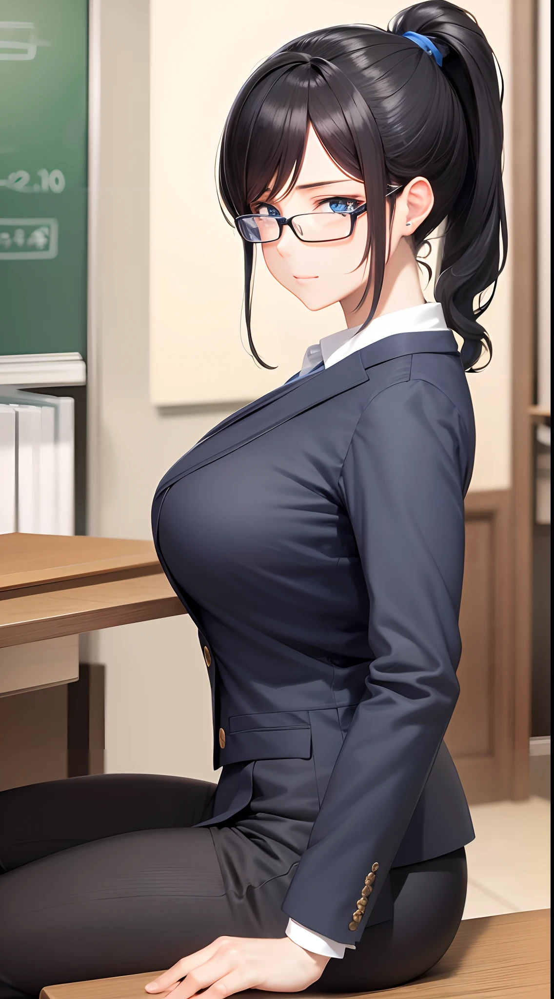solo, 1 mature woman, ponytail black hair, glasses, sparkling blue eyes, teacher uniform, pov, 8k resolution, ultra-detailed, masterpiece, highest quality, blush