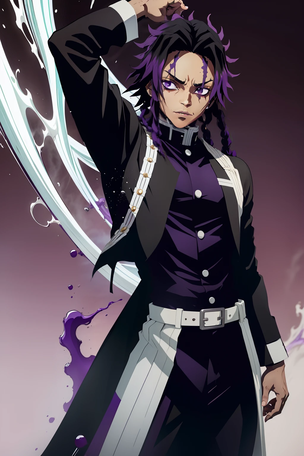jovem negro, Uniform demon slayer, Bleach poses, sorrir, dreads, black and purple hair, show, Man, drip, espada vermelha, beautiful