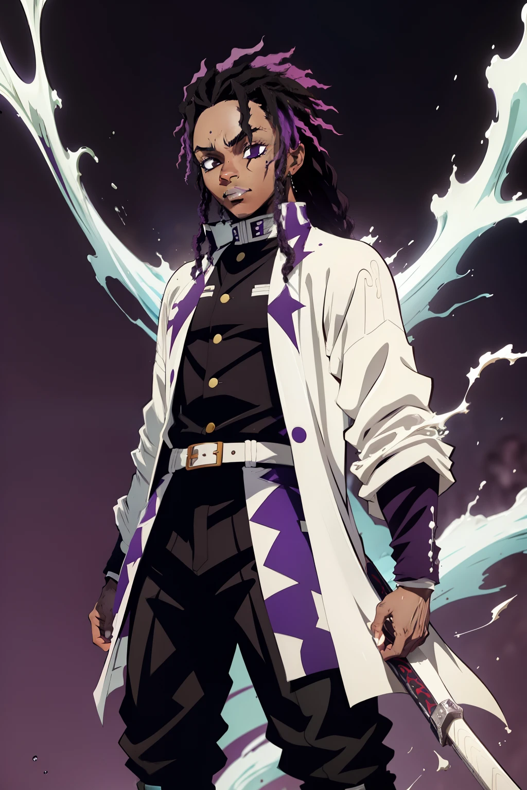 jovem ?????, Uniform demon slayer, Bleach poses, sorrir, dreads, black and purple hair, show, Man, drip, espada vermelha, beautiful