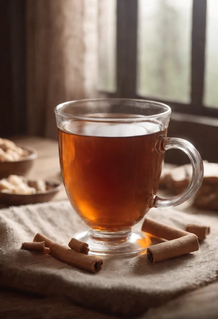 A glassy cup of tea, feeling persian, hot, add some cubes of sugar around it, super details, cinematic lighting, volumetric lighting