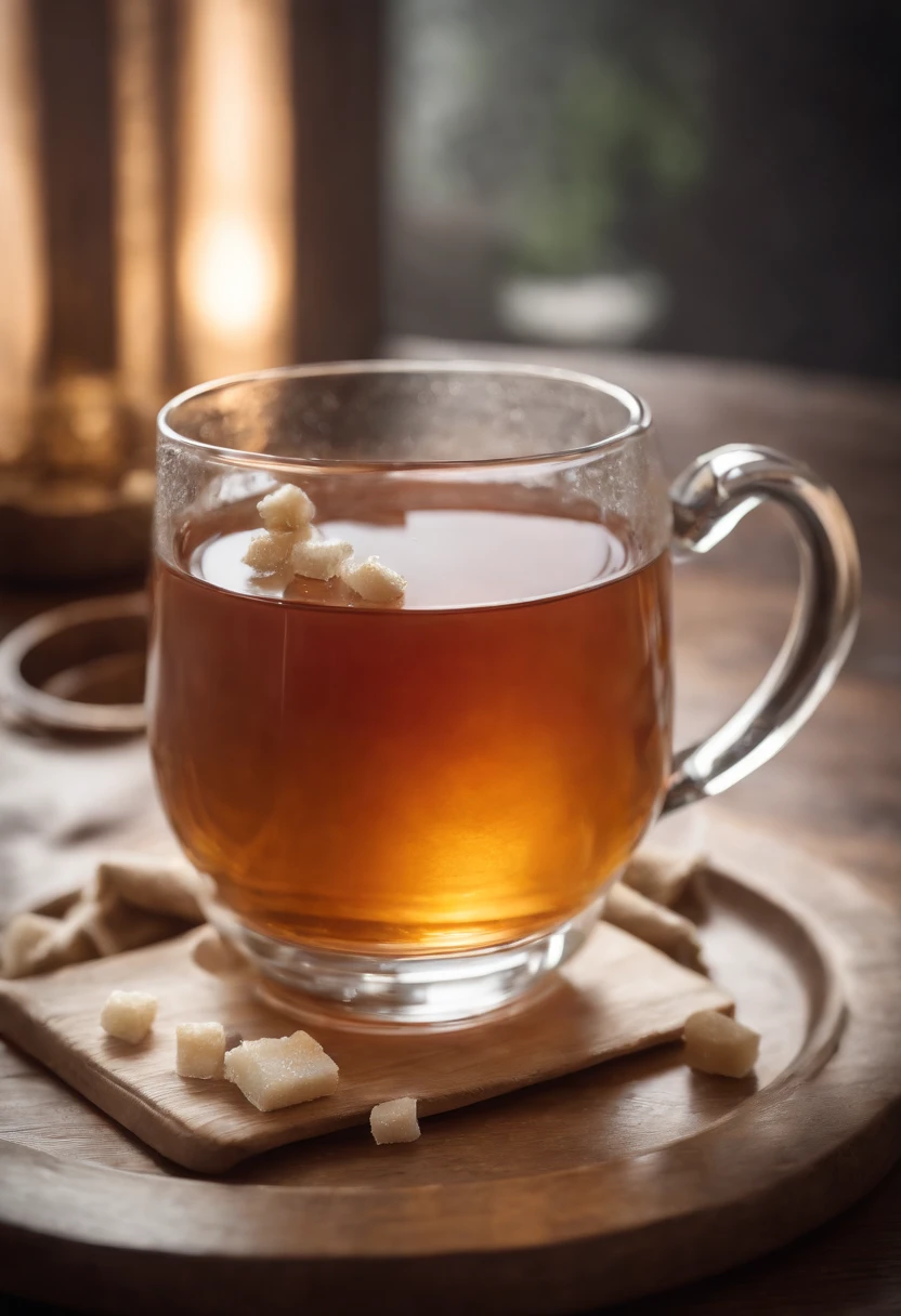 A glassy cup of tea, feeling persian, hot, add some cubes of sugar around it, super details, cinematic lighting, volumetric lighting