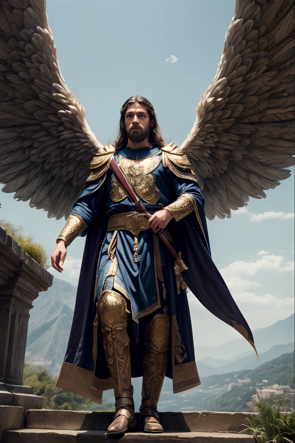 Tall Male Angel, god, war hero, Gabriel The Archangel, face front shot, The scene takes place in the Celestial Palace, standing on the steps, (cold and stern overlook:1.3), looking at viewer, spread huge wings, large pure white wings, detailed face and eyes, female angels are standing downside and facing to Gabriel, War mobilization meeting, fantasy, sacred, golden and Silver color, (best quality,highly detailed,masterpiece,HDR,UHD,64K:1.3),Professional,realistic,RAWphoto,Vivid color
