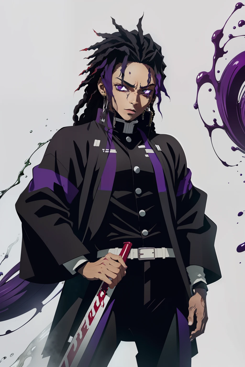 jovem negro, Uniform demon slayer, Bleach poses, sorrir, dreads, black and purple hair, show, Man, drip, espada vermelha, beautiful