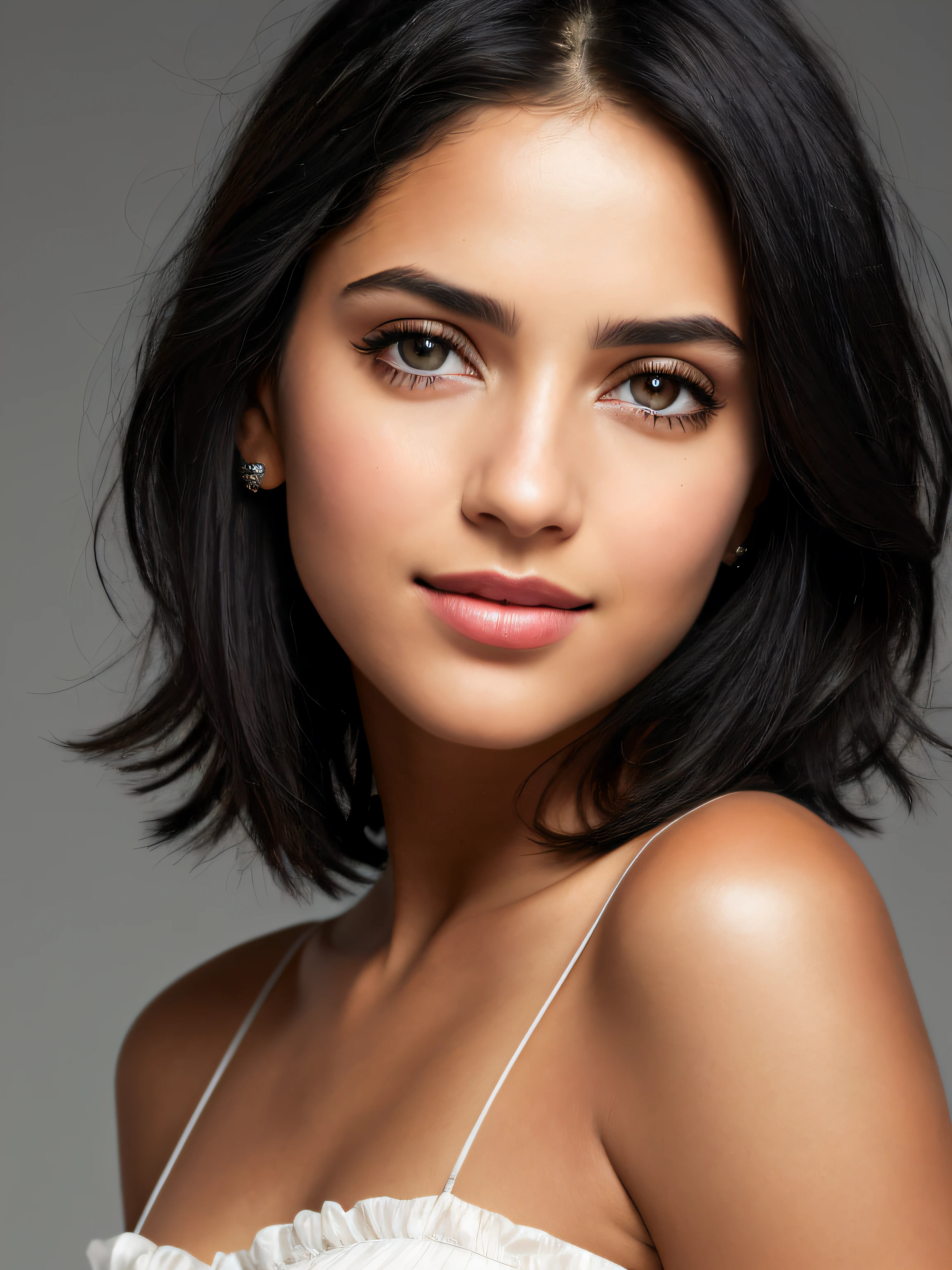 (close-up) on the top half, (short and messy black hair), depth of field, bokeh, 4K, HDR. by (James C. Christensen:1.2|), [tanned skin tone], [narrow shoulders], (photorealistic) with positioning (symmetrical) and a pupil (perfectly round, naturally dilated)], [semi-transparent layers], (delicate black eyeliner), [black mascara], accentuate the eyes, [delicate smile], (natural skin texture) of the face with (skin pores), (realistic skin color gradient), realistic, (best quality:1.3), lush lips, Submissive