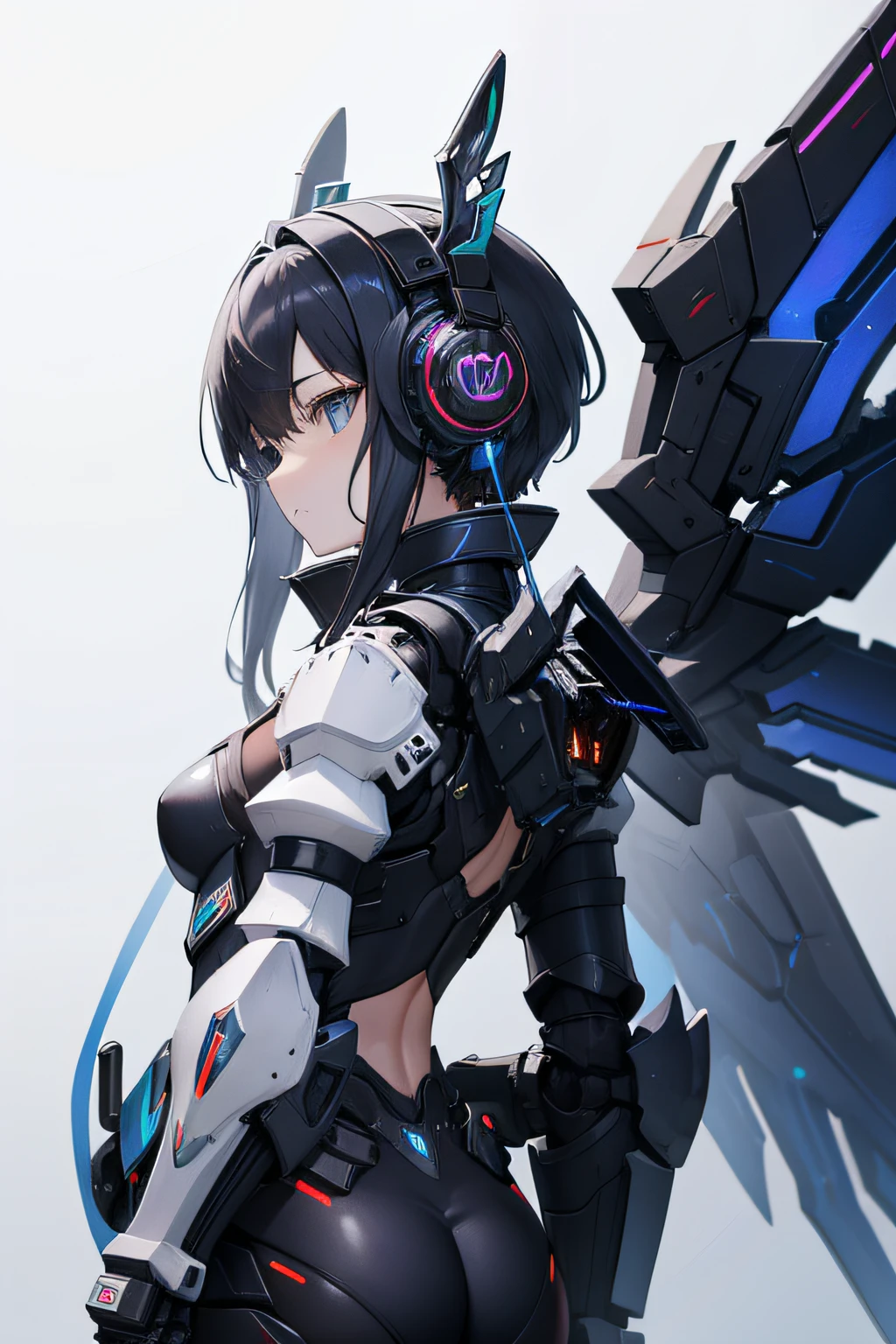 Wearing mechanical headphones、Dressed in Powered Armor、Girl with mechanical wings on her back。The background is the wilderness