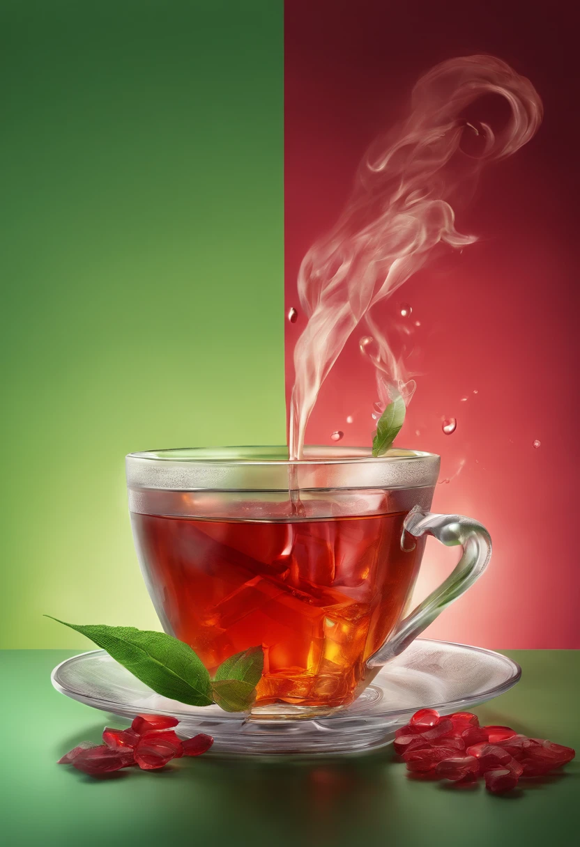 A glassy persian cup of tea, red tea, feeling persian, hot, add some sugar cubes around it, green background, super details, cinematic lighting, volumetric lighting