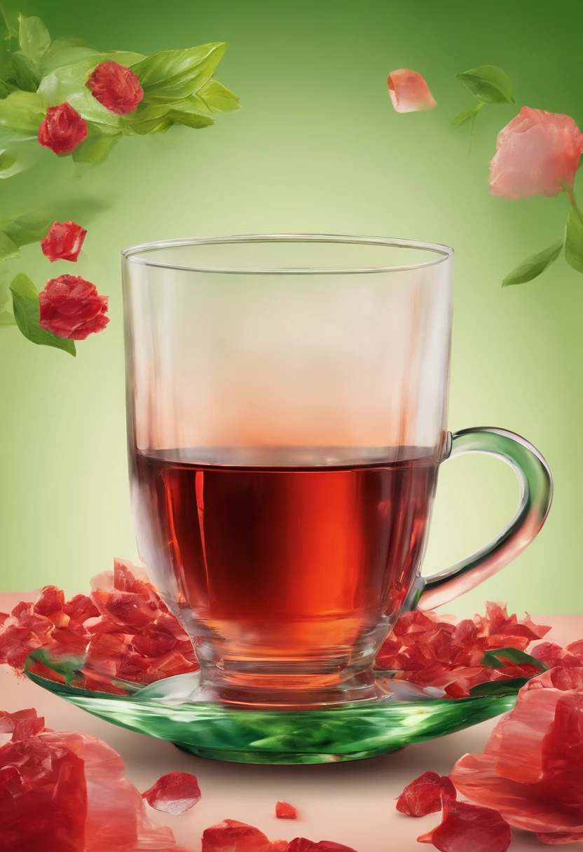 A glassy persian cup of tea, red tea, feeling persian, hot, add some sugar cubes around it, green background, super details, cinematic lighting, volumetric lighting