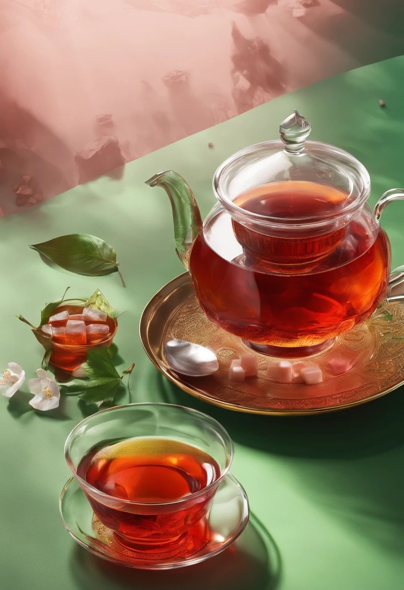 A glassy persian cup of tea, red tea, feeling persian, hot, add some sugar cubes around it, green background, super details, cinematic lighting, volumetric lighting